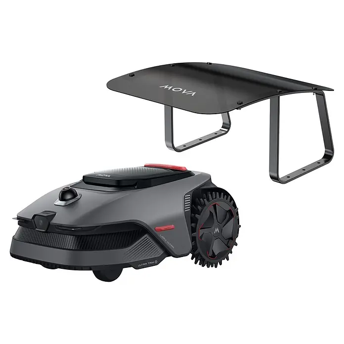Mova Mähroboter-Set Lidax Ultra 1000 - 1.000 m², Schnittbreite: 20 cm, Kamera-gestützte Navigation, LiDAR - Dunkelgrauer Mähroboter mit roten Akzenten, Sensoren und robusten Rädern, zusammen mit einem passenden Schutzdach.