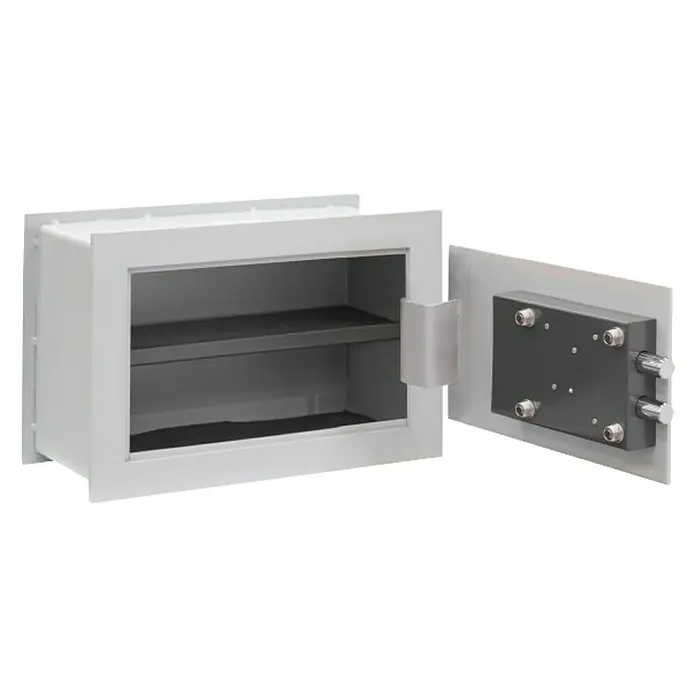Arregui Caja fuerte empotrable Ideal 5 - L x An x Al: 30 x 20 x 20 cm, Llave - Caja fuerte de pared gris con puerta abierta y dos compartimentos. La caja fuerte está diseñada para el almacenamiento seguro de objetos de valor.