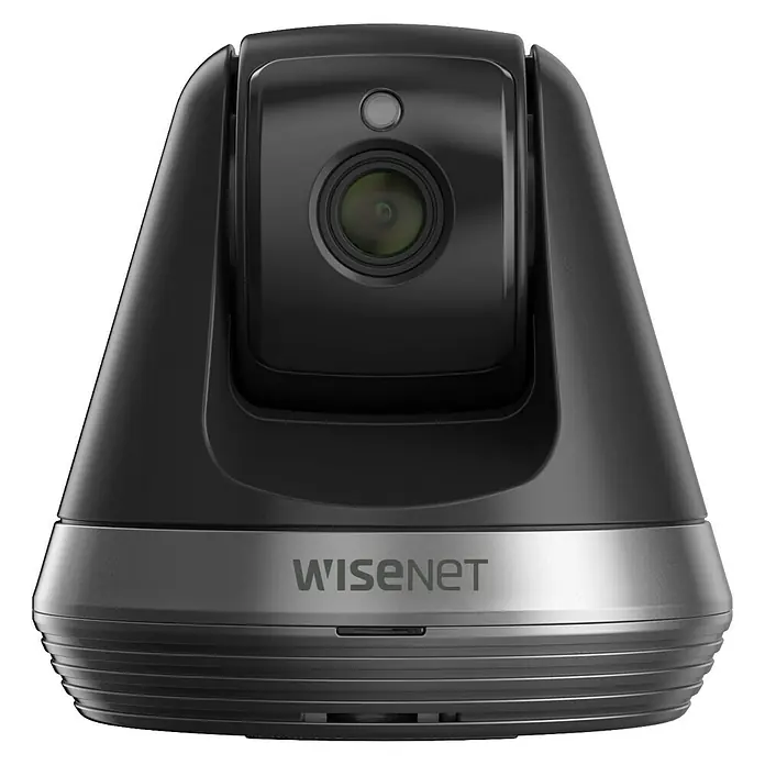 Wisenet Cámara de vigilancia WiFi Full HD -  - Cámara de seguridad interior negra Wisenet con función de panorámica, inclinación y zoom para una vigilancia óptima.