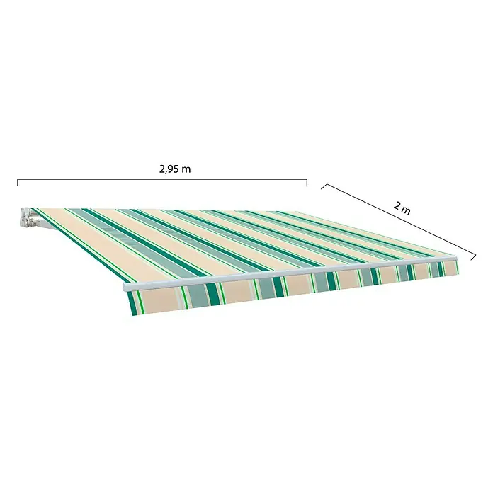 SmartSun Toldo de brazos extensibles Original Kit Acrílico - Beige/Verde, Ancho: 4 m, Caída: 2,5 m - Imagen de un toldo con patrón de rayas verdes y beige, que mide 2,95 m x 2 m, perfecto para protegerse del sol en terrazas.