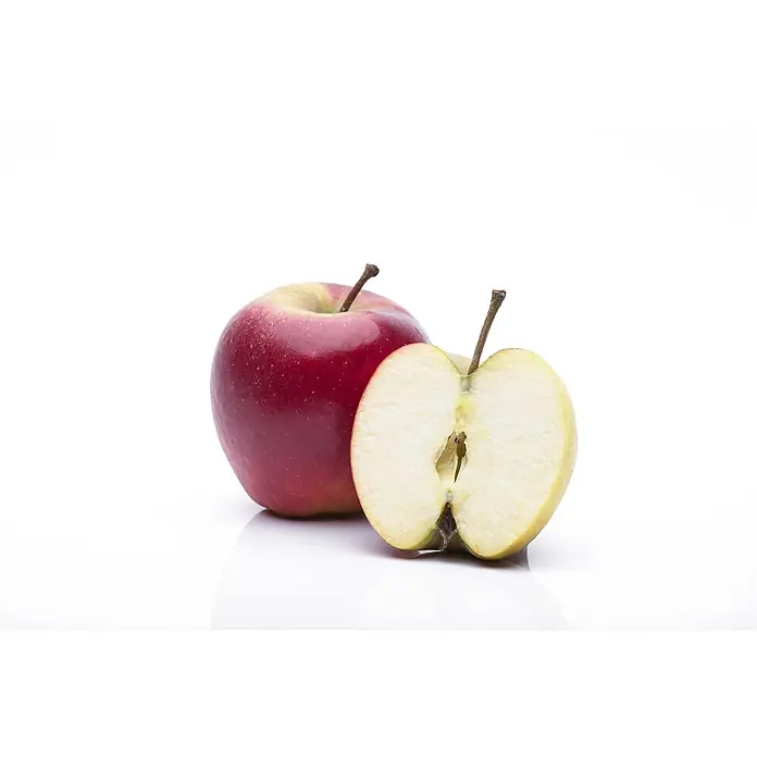 Pflanzen für dich Obstbaum 40 cm - Malus domestica 'Elstar' - Ein ganzer roter Apfel und ein halbierter roter Apfel, der sein weißes Fruchtfleisch und Kerngehäuse zeigt.