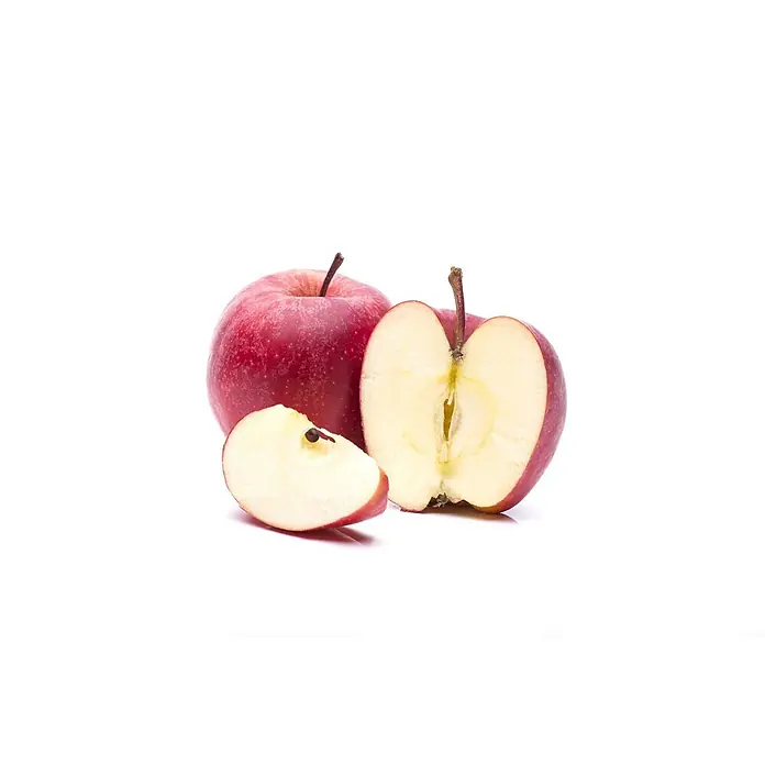 Pflanzen für dich Obstbaum 40 cm - Malus domestica 'Gala' - Ein ganzer roter Apfel, ein halber roter Apfel und ein kleines Apfelstück, das helles Fruchtfleisch zeigt.