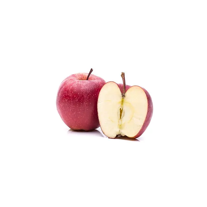 Pflanzen für dich Obstbaum 150-200cm - Malus 'Gala' - Zwei rote Äpfel, einer ganz und einer halbiert, zeigen das helle Fruchtfleisch und Kerngehäuse.