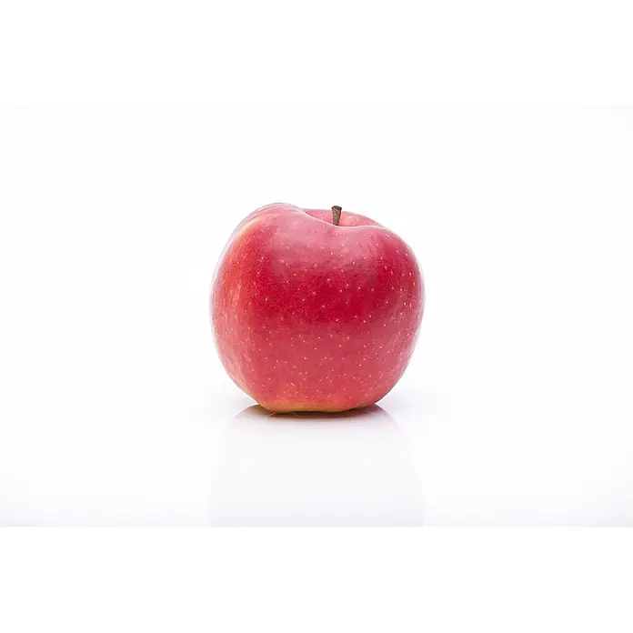 Pflanzen für dich Obstbaum 40 cm - Malus domestica - Ein leuchtend roter Apfel mit einem kleinen braunen Stiel.