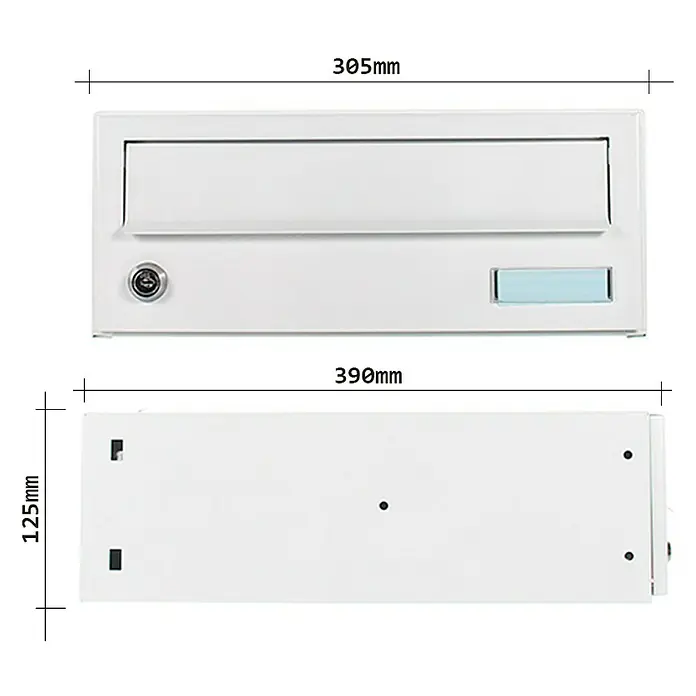 Rottner Wandbriefkasten ELM MZ - L x B x H: 39 x 30,5 x 12,5 cm, Weiß, Stahl - Produktansicht: Ein Briefkasten aus Metall in Weiß mit den Maßen 305 mm x 390 mm x 125 mm, ideal für den Außenbereich.