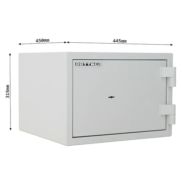 Rottner Feuerschutztresor Fire Safe - 45 x 44,5 x 31,5 cm, Doppelbart-Hochsicherheitsschloss - Abbildung eines Rottner Tresors mit den Maßen 450mm x 445mm x 315mm zur Illustration der Produktabmessungen.