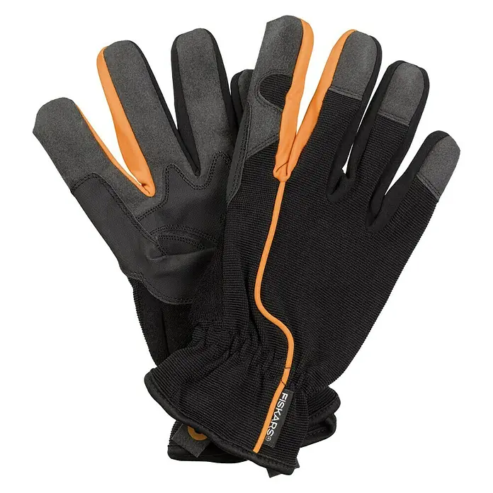 Fiskars Gartenhandschuhe - 10, Schwarz/Orange - Ein Paar Fiskars Handschuhe, ideal für Gartenarbeit, mit schwarzen Handflächen und Fingern sowie orangenen Akzenten.