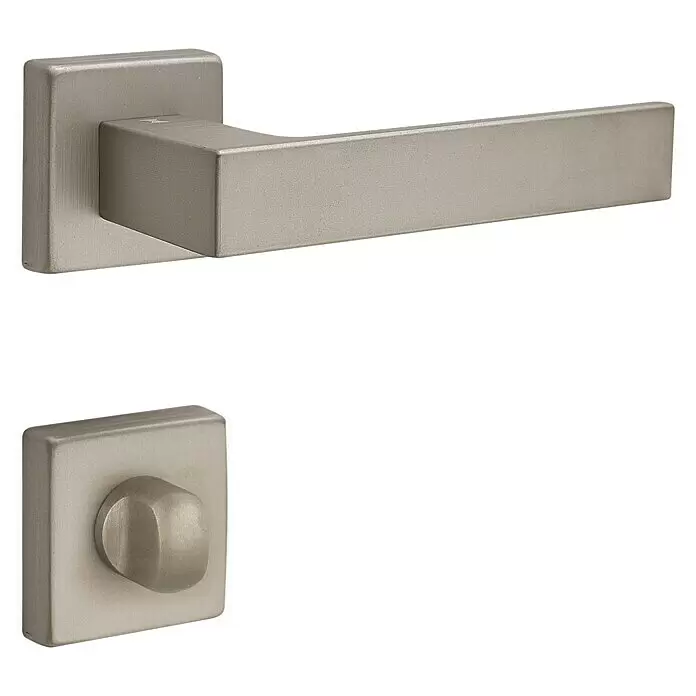 Diamond Doors Juego de manillas para puerta de habitación Savannah - Grosor de la puerta: 40 mm - 45 mm, Terciopelo gris, Cierre ranurado con pestillo ovalado - Juego moderno de manilla de puerta de níquel cepillado con palanca y pomo de privacidad sobre rosetas cuadradas.