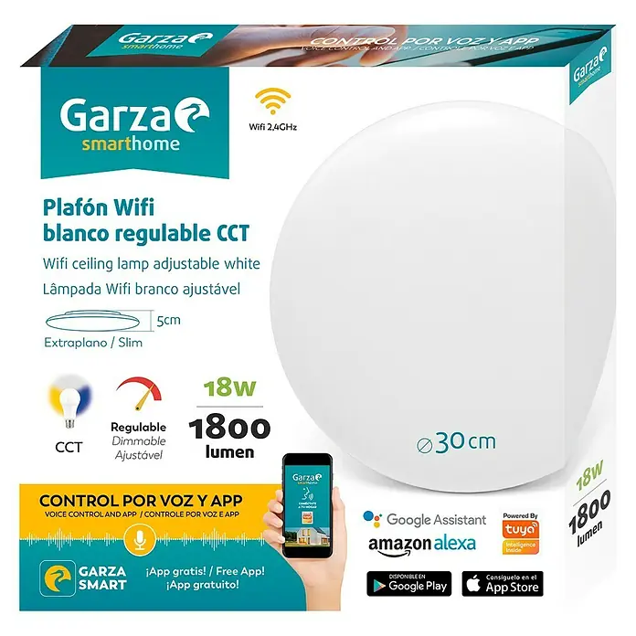 Garza Plafón LED redondo WiFi Smart - 18 W, Ø x Al: 300 mm x 5 cm, Blanco, Blanco cálido - Embalaje del producto para una lámpara de techo WiFi Garza smarthome, blanca regulable, con control por voz y app y 1800 lúmenes.