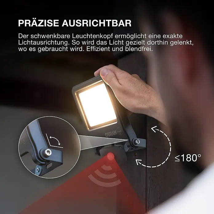 Ledvance LED-Sensor-Strahler Endura - 10 W, L x B x H: 16,8 x 10,8 x 6,3 cm, Grau, IP44 - Hand verstellt dunkelgrauen Fluter mit präzisem 180° Schwenkkopf und Bewegungssensor.