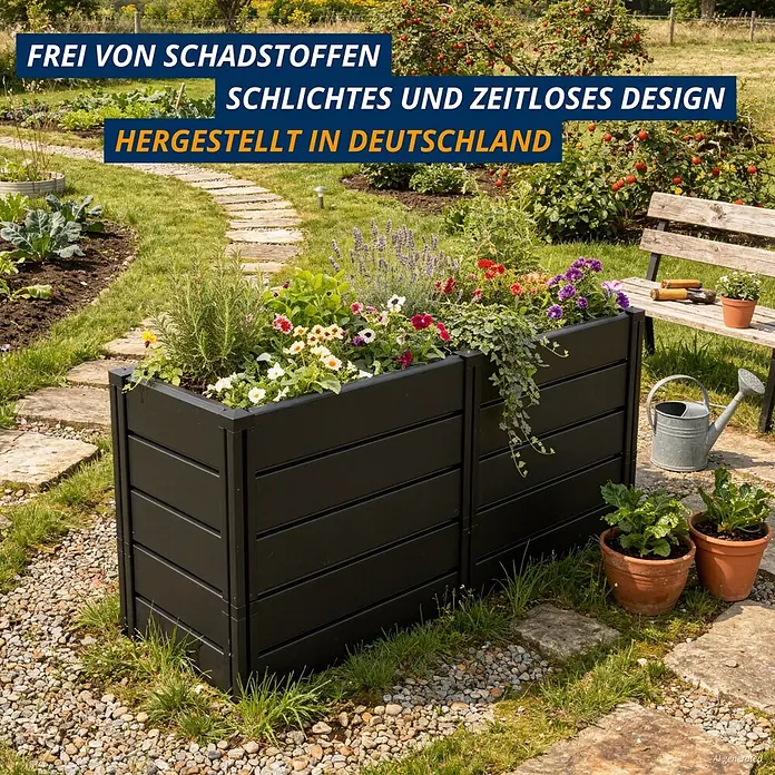 KHW Hochbeet Demeter - XXL schmal - 158 x 44 x 92 cm, Kunststoff, Anthrazit - Dunkles Hochbeet, befüllt mit bunten Pflanzen, in einem Gartensetting.