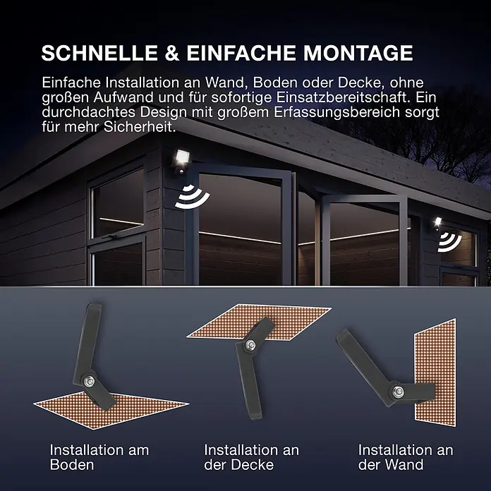 Ledvance LED-Sensor-Strahler Endura - 10 W, L x B x H: 16,8 x 10,8 x 6,3 cm, Grau, IP44 - Schwarzer Sicherheitsstrahler mit vielseitiger Halterung, für Boden-, Decken- und Wandmontage gezeigt.