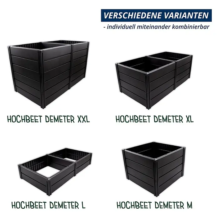 KHW Hochbeet Demeter XXL - 158 x 82 x 92 cm, Kunststoff, Anthrazit - Vier schwarze Hochbeete in verschiedenen Größen und Konfigurationen, darunter Demeter XXL, XL, L und M.