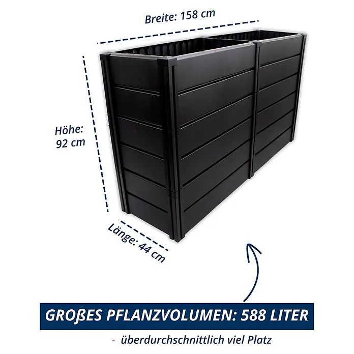 KHW Hochbeet Demeter - XXL schmal - 158 x 44 x 92 cm, Kunststoff, Anthrazit - Schwarzes Hochbeet, 92x158x44 cm, mit 588 Litern Volumen.