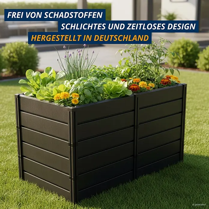 KHW Hochbeet Demeter XXL - 158 x 82 x 92 cm, Kunststoff, Anthrazit - Dunkles, schlichtes Hochbeet mit Lattenstruktur, gefüllt mit Pflanzen und Blumen.
