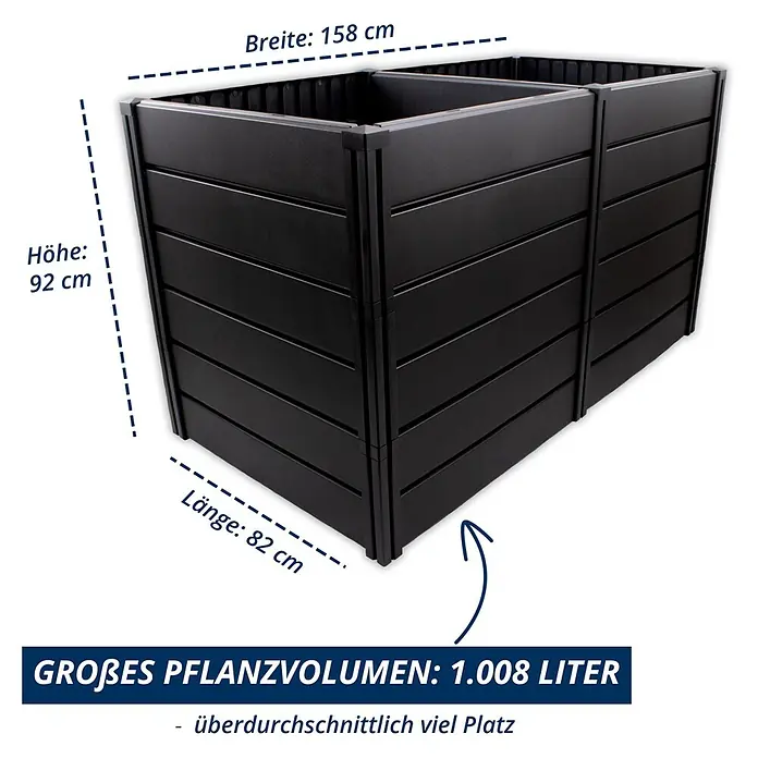 KHW Hochbeet Demeter XXL - 158 x 82 x 92 cm, Kunststoff, Anthrazit - Schwarzes, modulares Hochbeet, 158x82x92 cm, mit 1.008 Litern Pflanzvolumen.