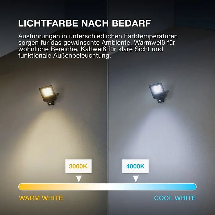 Ledvance LED-Sensor-Strahler Endura - 10 W, L x B x H: 16,8 x 10,8 x 6,3 cm, Grau, IP44 - Zwei Flutlichtstrahler beleuchten eine Wand, einer mit warmweißem (3000K) und der andere mit kaltweißem (4000K) Licht.