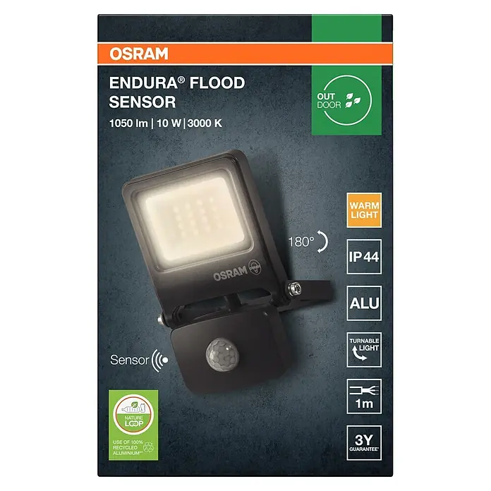 Ledvance LED-Sensor-Strahler Endura - 10 W, L x B x H: 16,8 x 10,8 x 6,3 cm, Grau, IP44 - Schwarzer OSRAM ENDURA Flutlichtstrahler mit integriertem Sensor aus Aluminium für den Außenbereich.