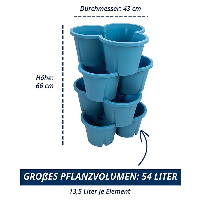 KHW Pflanzturm Demter - Ø x H: 43 x 66 cm, Meerblau - Blauer, stapelbarer vertikaler Pflanzturm, 66 cm hoch, 43 cm Durchmesser, Gesamtvolumen 54 Liter (13,5 Liter pro Element).