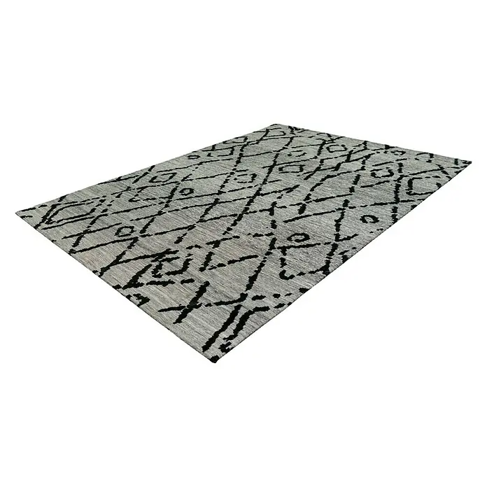 Kayoom Flachgewebeteppich River 110 - Grau/Schwarz, 170 x 120 cm, 70 % Baumwolle, 30 % Polyester - Ein rechteckiger Teppich mit abstraktem, geometrischem Muster in Grau- und Schwarztönen, der eine moderne und stilvolle Atmosphäre schafft.