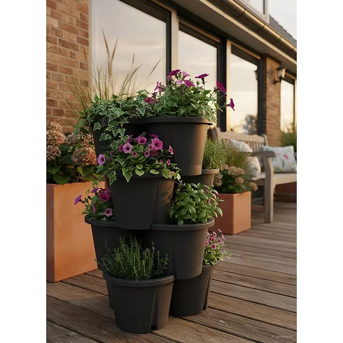 KHW Pflanzturm Demter - Ø x H: 43 x 66 cm, Anthrazit - Schwarzer Etagenpflanzkasten auf Holzterrasse, gefüllt mit violetten Blumen und grünen Kräutern.