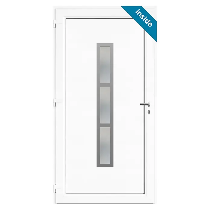 Panto Haustür K 014 - 100 x 200 cm, DIN Anschlag: Links, Weiß - Weiße Tür mit drei vertikalen Milchglasfeldern, silbernem Griff und 'inside' Aufschrift.