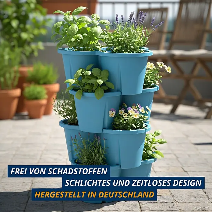 KHW Pflanzturm Demter - Ø x H: 43 x 66 cm, Meerblau - Blauer Stapelpflanzer für Kräuter und Blumen, modulares Design für eine Terrasse.