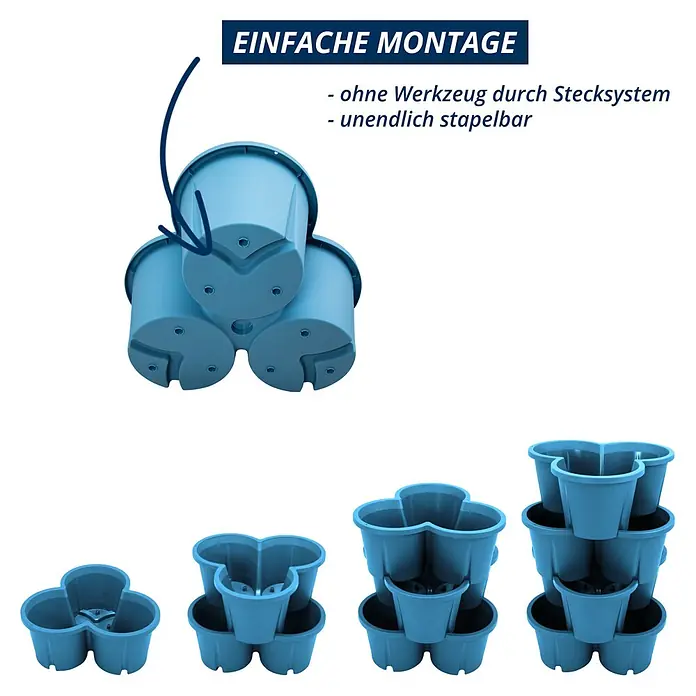 KHW Pflanzturm Demter - Ø x H: 43 x 66 cm, Meerblau - Blaue, kleeblattförmige, modulare Pflanztöpfe, ohne Werkzeug stapelbar und in verschiedenen Höhen gezeigt.