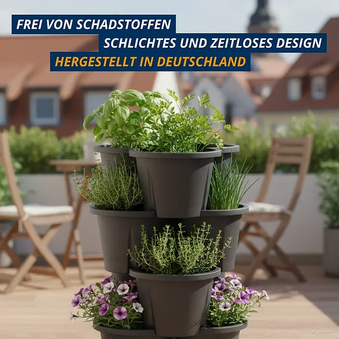 KHW Pflanzturm Demter - Ø x H: 43 x 66 cm, Anthrazit - Dunkelgrauer Kunststoff-Pflanzturm mit Kräutern und lila Blumen auf einem Balkon.