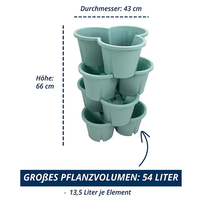 KHW Pflanzturm Demter - Ø x H: 43 x 66 cm, Mintgrün - Stapelbares Pflanzsystem, hellgrün. Höhe: 66 cm, Durchmesser: 43 cm. Gesamtvolumen: 54 Liter (13,5 L pro Element).