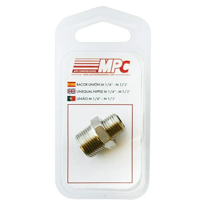 MPC Racor de conexión macho - ¼ - ½″ - En la imagen, un racor unión desigual MPC Air Compressors M 1/4"-M 1/2" en su embalaje.
