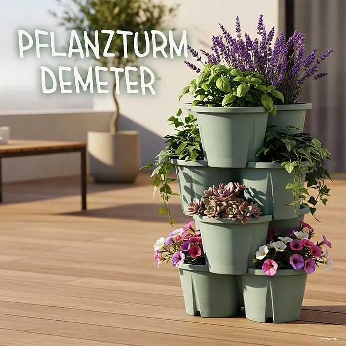 KHW Pflanzturm Demter - Ø x H: 43 x 66 cm, Mintgrün - Grüner, gestufter Pflanzturm mit Lavendel, Basilikum, Sukkulenten, Efeu und Petunien auf Holzterrasse.