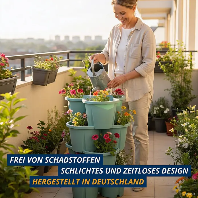 KHW Pflanzturm Demter - Ø x H: 43 x 66 cm, Mintgrün - Hellblaues Etagen-Pflanzsystem auf einem Balkon, bepflanzt mit bunten Blumen, von einer Frau gegossen.