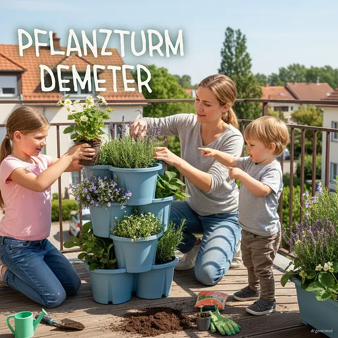 KHW Pflanzturm Demter - Ø x H: 43 x 66 cm, Meerblau - Blauer vertikaler Pflanzturm aus Kunststoff, von einer Familie zum Gärtnern auf einem Balkon genutzt, mit verschiedenen Pflanzen gefüllt.