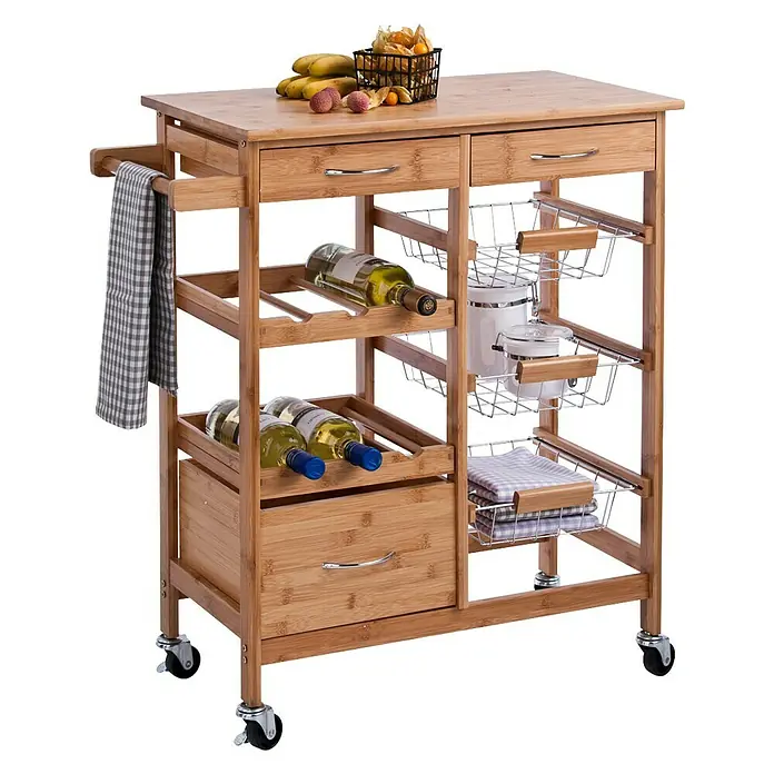 Zeller Present Küchenwagen - L x B x H: 36 x 66 x 84 cm, Bambus - Rollbarer Küchenwagen aus Bambus mit Schubladen, Ablagen und Flaschenregal zur stilvollen Aufbewahrung von Küchenutensilien.