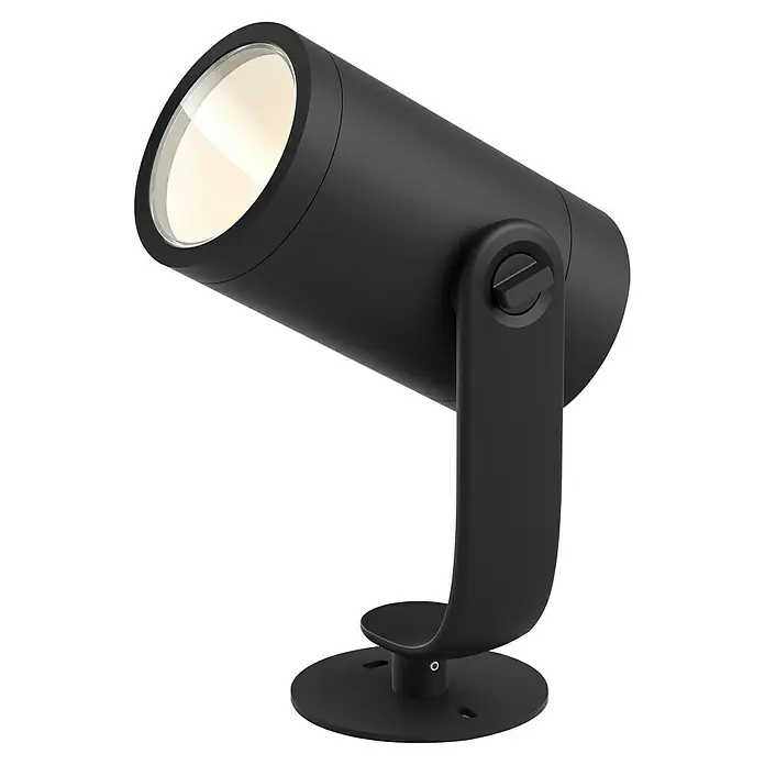 Philips Hue LED-Gartenspot Lily - 8 W, Lichtfarbe: RGB, IP65 - Ein modernes, schwarzes LED-Spotlight für den Außenbereich, das durch sein minimalistisches Design und seine gerichtete Beleuchtung besticht.