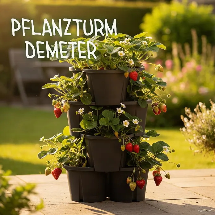 KHW Pflanzturm Demter - Ø x H: 43 x 66 cm, Anthrazit - Dunkler Kunststoff-Pflanzturm mit Erdbeerpflanzen, reifen roten Erdbeeren und weißen Blüten, im Garten.