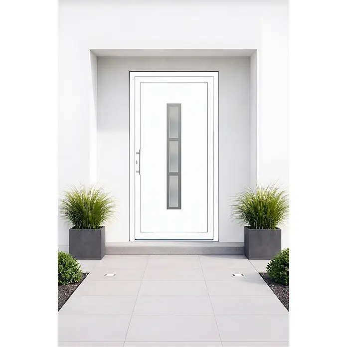 Panto Haustür K 014 - 100 x 200 cm, DIN Anschlag: Links, Weiß - Moderne weiße Haustür mit drei vertikalen Milchglasscheiben und elegantem schwarzem Griff.