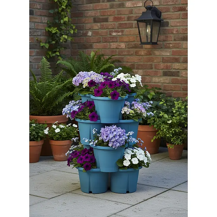 KHW Pflanzturm Demter - Ø x H: 43 x 66 cm, Meerblau - Blauer Etagenpflanzer, gefüllt mit bunten Blumen.