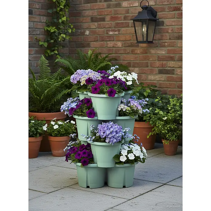KHW Pflanzturm Demter - Ø x H: 43 x 66 cm, Mintgrün - Gestufter grüner Kunststoff-Pflanzkasten, gefüllt mit bunten Blumen auf einer Terrasse.