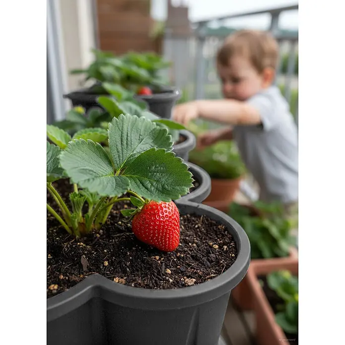 KHW Pflanzturm Demter - Ø x H: 43 x 66 cm, Anthrazit - Schwarzer Etagen-Pflanztopf mit Erdbeeren, auf einem Balkon mit Kind im Hintergrund.