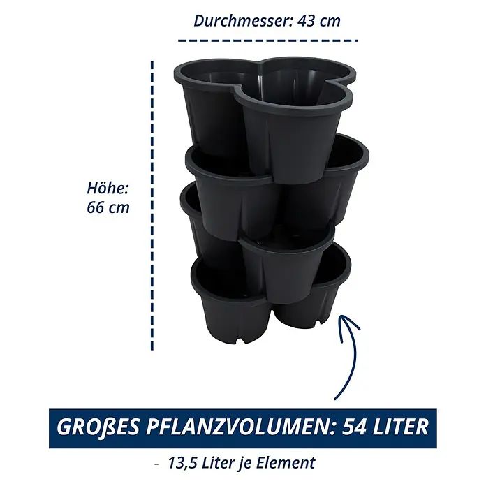 KHW Pflanzturm Demter - Ø x H: 43 x 66 cm, Anthrazit - Schwarzer modularer vertikaler Pflanzkübel, 66 cm hoch, 43 cm Durchmesser. Gesamtvolumen 54 L, 13,5 L pro Element.