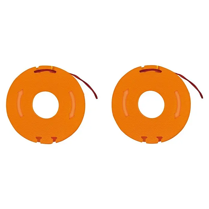 Worx Ersatzfadenspule WA0004.1 - Fadenlänge: 3 m, Fadenstärke: 1,65 mm, 2 Stk. - Zwei orangefarbene Trimmerspulen mit rotem Faden für Rasentrimmer-Enthusiasten.