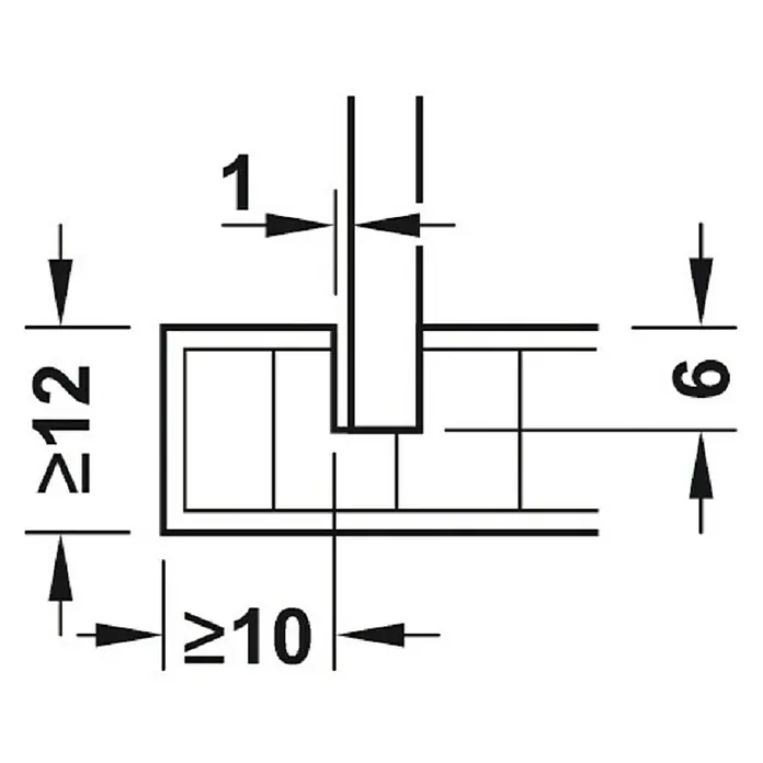 Häfele Conector del panel trasero Ixconnect RPC G 13/20 - L x An: 20 x 12,5 mm, Plástico, Específico para: Grosores de madera a partir de 12 mm - Dibujo técnico de un perfil con dimensiones ≥12, ≥10, 6 y 1. Representación detallada para fines de planificación.