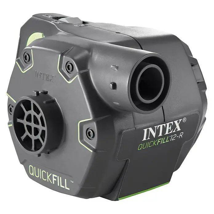 Intex Bomba de aire Quick Fill - 3 boquillas, 230 V - La imagen muestra una bomba de aire negra Intex Quickfill 12-R con detalles verdes, ideal para inflar objetos rápidamente.