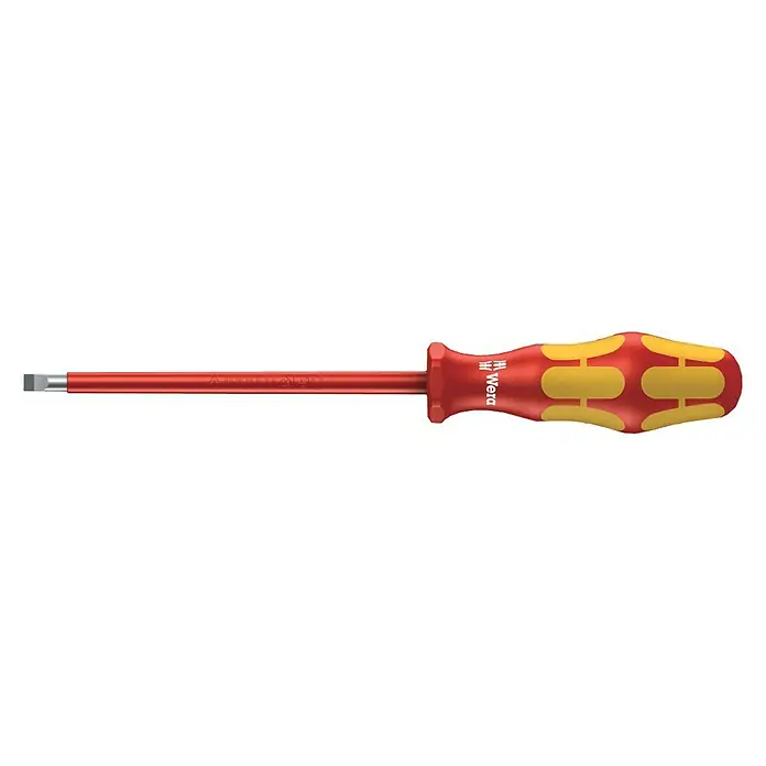 Wera Kraftform Plus VDE Schraubendreher 160 i - Klingenbreite: 5,5 mm, Klingenlänge: 125 mm - Wera Schlitzschraubendreher mit rotem Griff und gelben Akzenten. Ideal für präzise Schraubarbeiten mit sicherem Halt.