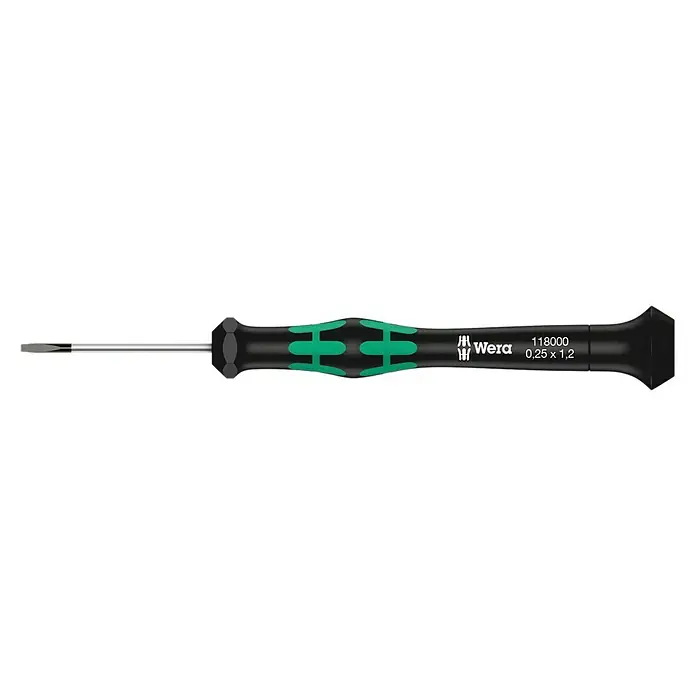 Wera Elektriker-Schraubendreher Kraftform Micro 2035 - Klingenbreite: 1,2 mm, Klingenlänge: 40 mm - Ein Wera 118000 Schlitzschraubendreher 0,25 x 1,2 mit ergonomischem Griff für präzise Schraubarbeiten in verschiedenen Anwendungen.