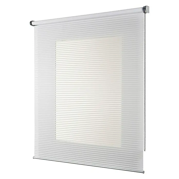 Estor enrollable Roll-up Scene - An x Al: 120 x 180 cm, Blanco, Formas y patrones - Un primer plano de una cubierta de ventana de persianas celulares dobles blancas diseñada para la privacidad y el control de la luz.