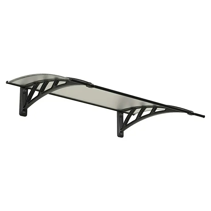 Palram – Canopia Pultvordach Apus - 119 x 76 x 25 cm, Anthrazitgrau - Graue Türvordach mit schwarzem Rahmen und Halterungen, die Schutz vor Regen und Sonne bietet.