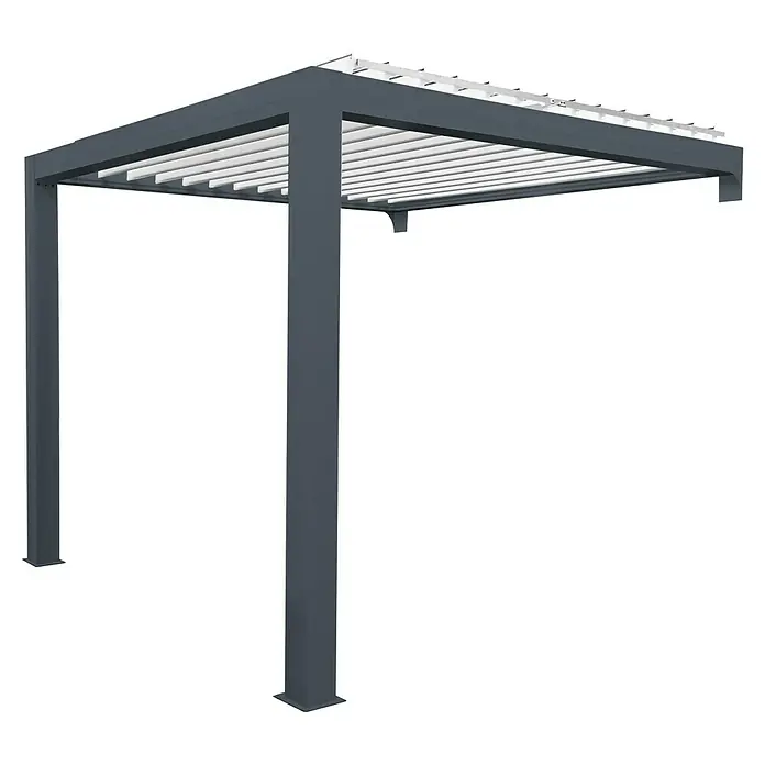 Solid Elements Pergola - 400 x 341 cm, Grau, Weiß - Bild eines modernen, grauen Pavillons mit Lamellendach auf schwarzem Hintergrund, der ein schattiges Plätzchen im Freien bietet.